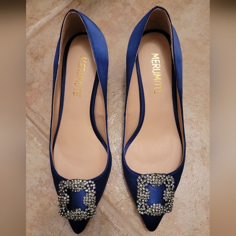 Manolo Blahnik, Sex & The City, Carrie Blue Satin Heels with Rhinestone Buckle